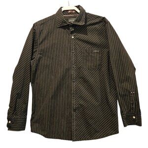 Oakley Mens L Black Gray Striped Button-Up Shirt Long Sleeve Chest Pocket career